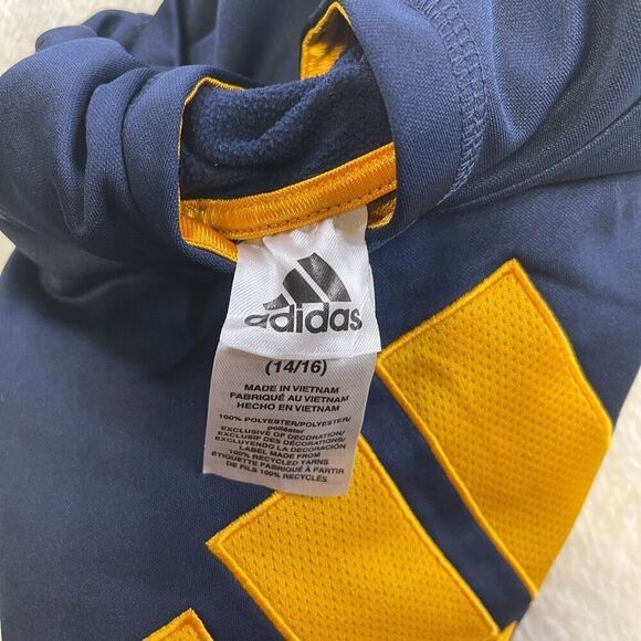Large Kids Adidas Pullover Hoodie Navy Blue with Gold Stitched Lettering and Log - Picture 11 of 12